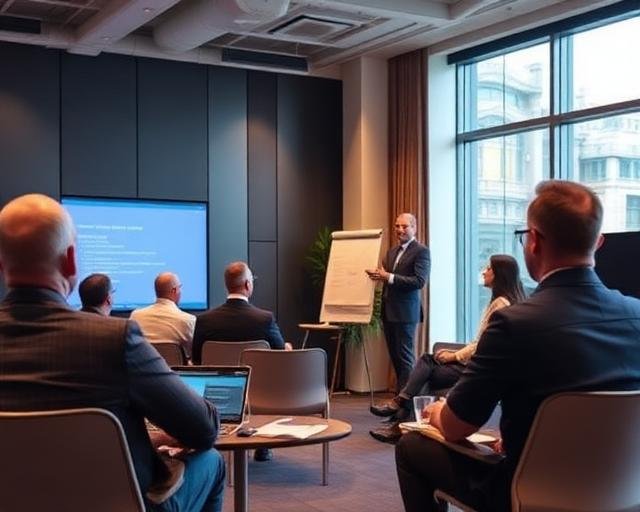 A business seminar for veterans featuring a keynote speaker and an audience of professionals in a corporate boardroom.